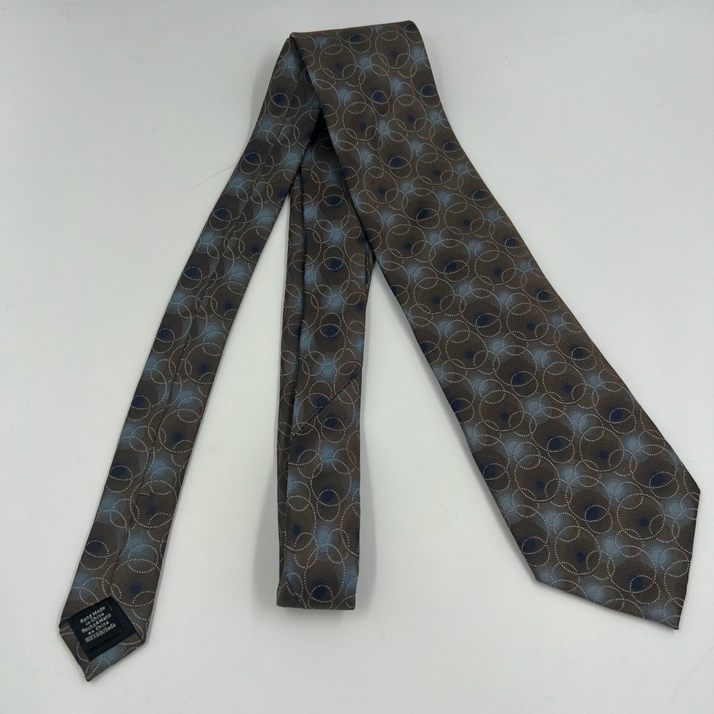 Van Heusen 100% Silk Brown and Blue Geometric Circles Tie Handmade necktie